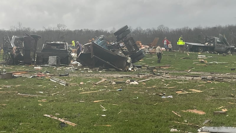 Damage in Potosi after a tornado on April 2, 2025.