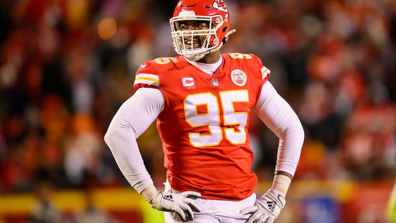 FILE - Kansas City Chiefs defensive tackle Chris Jones smiles during during the second half of...