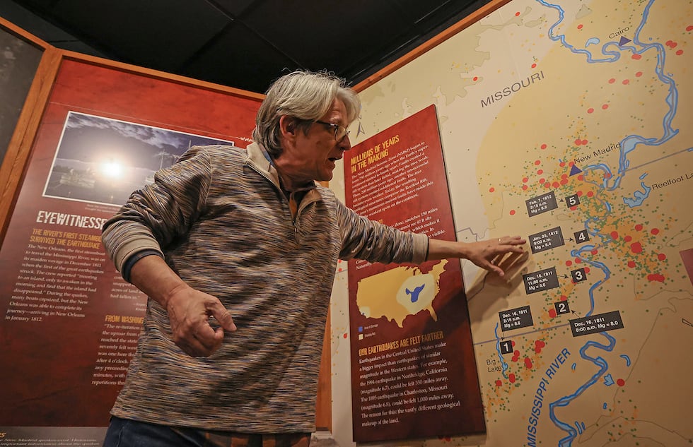 Jeff Grunwald, of the New Madrid Historical Museum, uses one of the museum’s...