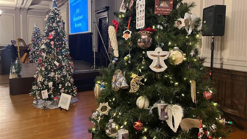 The three trees are decorated with ornaments remembering those lost to murder.