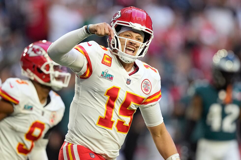 Kansas City Chiefs quarterback Patrick Mahomes (15) celebrates a touchdown against the...