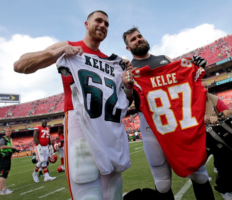 Kansas City Chiefs tight end Travis Kelce, left, and his brother Philadelphia Eagles center...