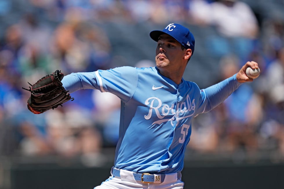 Kansas City Royals starting pitcher Cole Ragans throws during the first inning of a baseball...