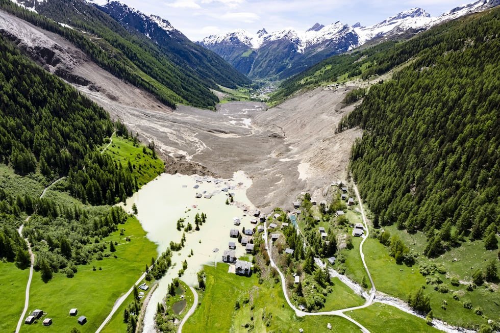 An aerial view shows the destruction of Blatten, Switzerland, Thursday, May 29, 2025, one day...
