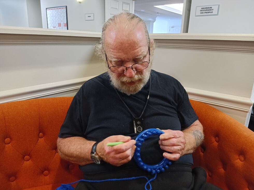 Patrick McVey crochets hundreds of hats for babies at Children's Mercy hospital on Aug. 2, 2024.