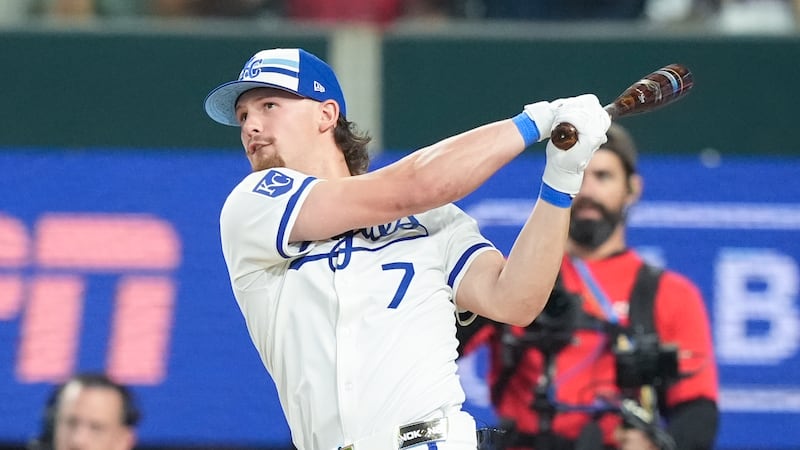 American League's Bobby Witt Jr., of the Kansas City Royals, follows through during the MLB...
