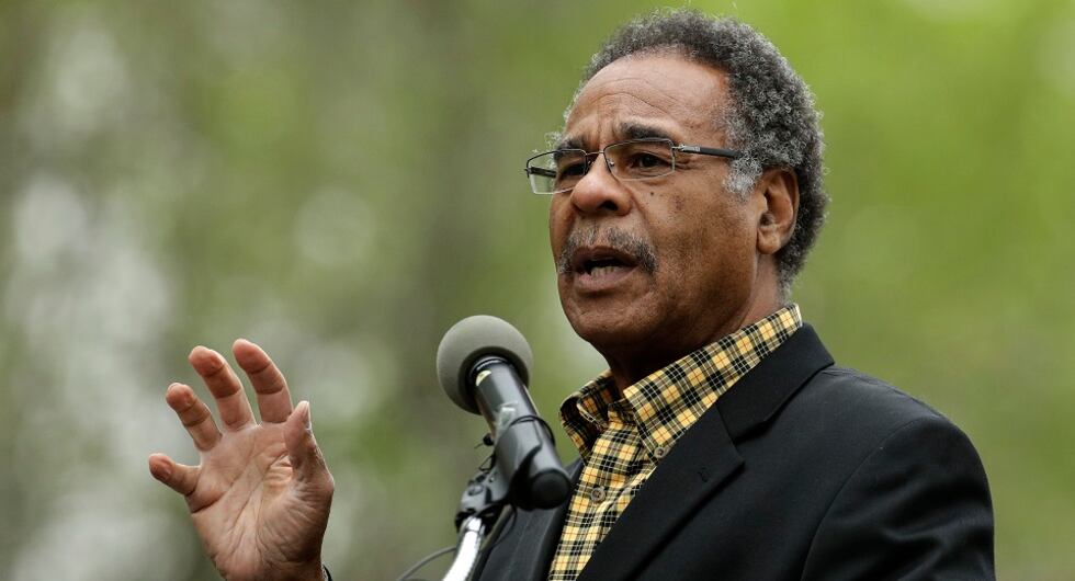 Rep. Emanuel Cleaver, D-Mo., addresses people attending a sign unveiling ceremony for the...