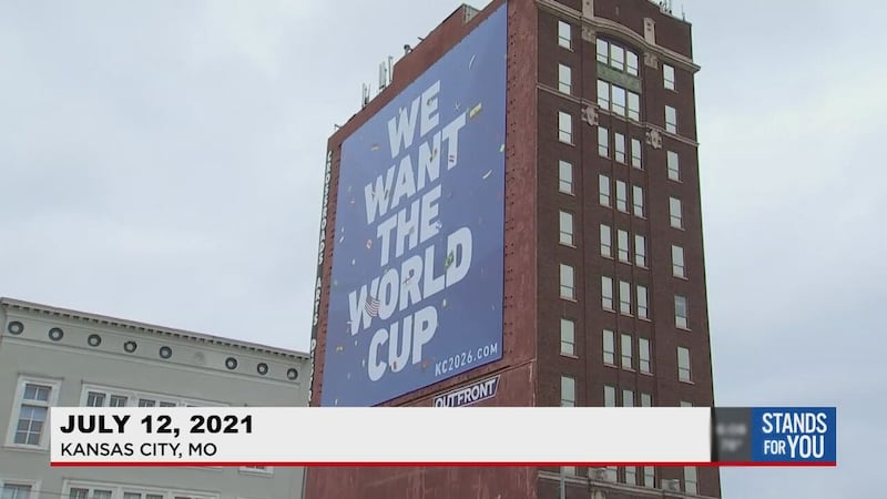 File - On July 12, 2021, a banner on Main Street downtown that was 90 feet tall and 90 feet...
