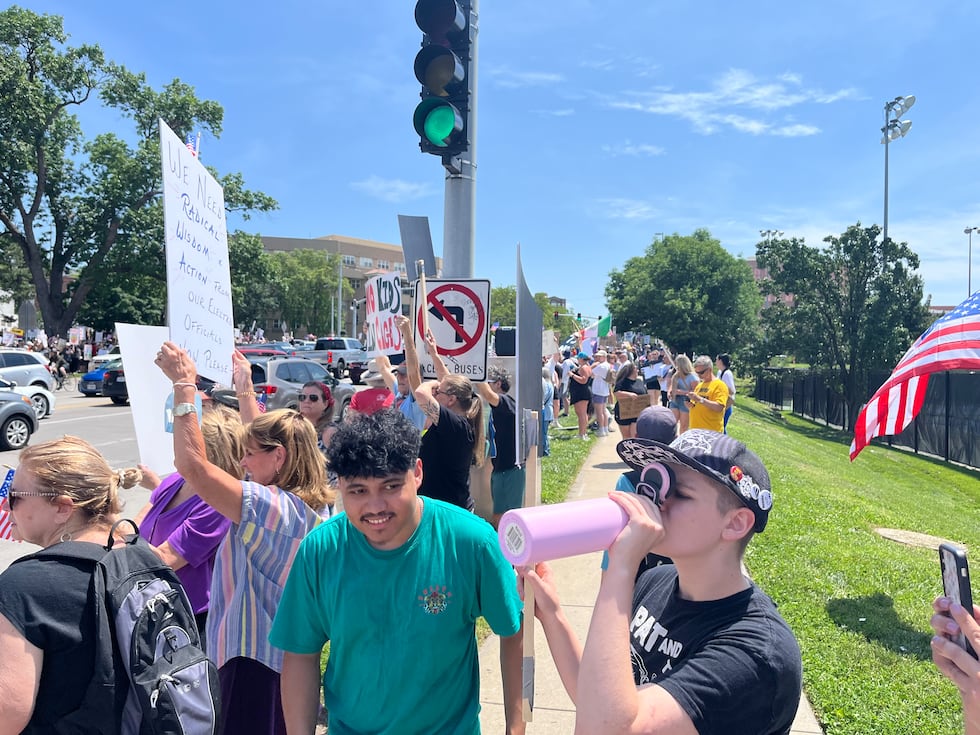 This is a photo from the "No Kings Day" protest at Mill Creek Park in Kansas City.