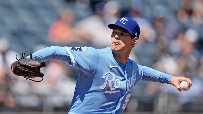 Kansas City Royals starting pitcher Cole Ragans throws during the first inning of a baseball...
