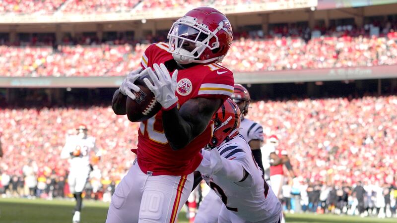 Kansas City Chiefs wide receiver Tyreek Hill (10) catches a 10-yard touchdown during the...