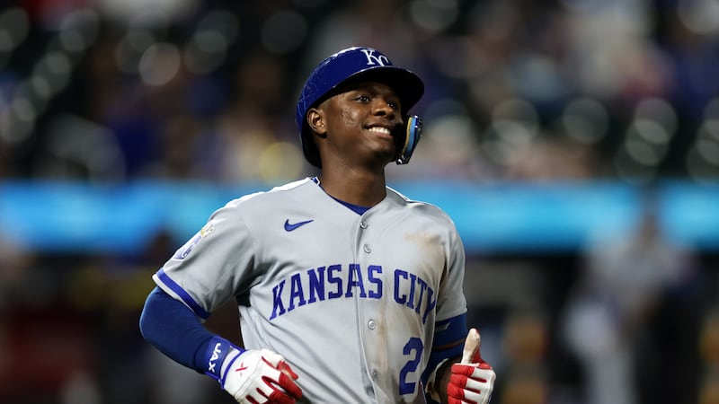 Kansas City Royals' Tyler Tolbert reacts to flying out during the ninth inning of a baseball...