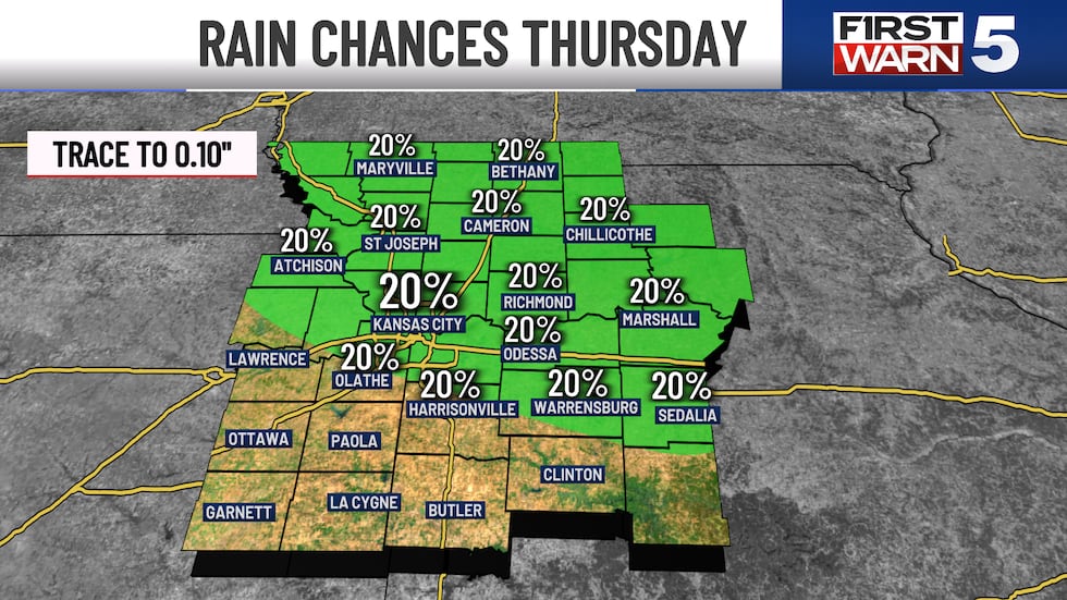 Rain chances for Kansas City and the surrounding area on Thursday, April 10, 2025.
