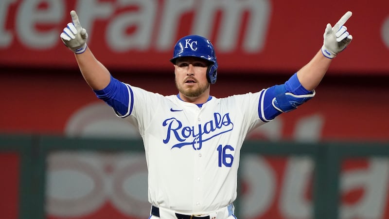 Kansas City Royals Hunter Renfroe celebrates a two-run double against the Houston Astros...