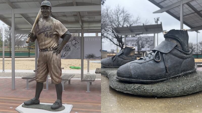 A bronze statue of Jackie Robinson at a youth baseball field has been cut down and stolen in...