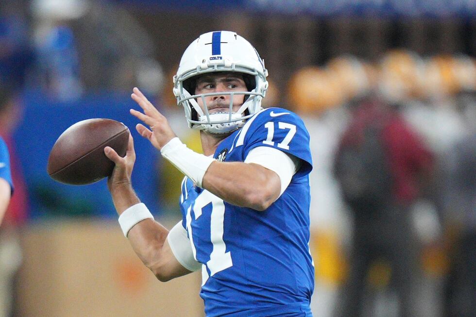 Indianapolis Colts quarterback Daniel Jones throws before a preseason NFL football game...