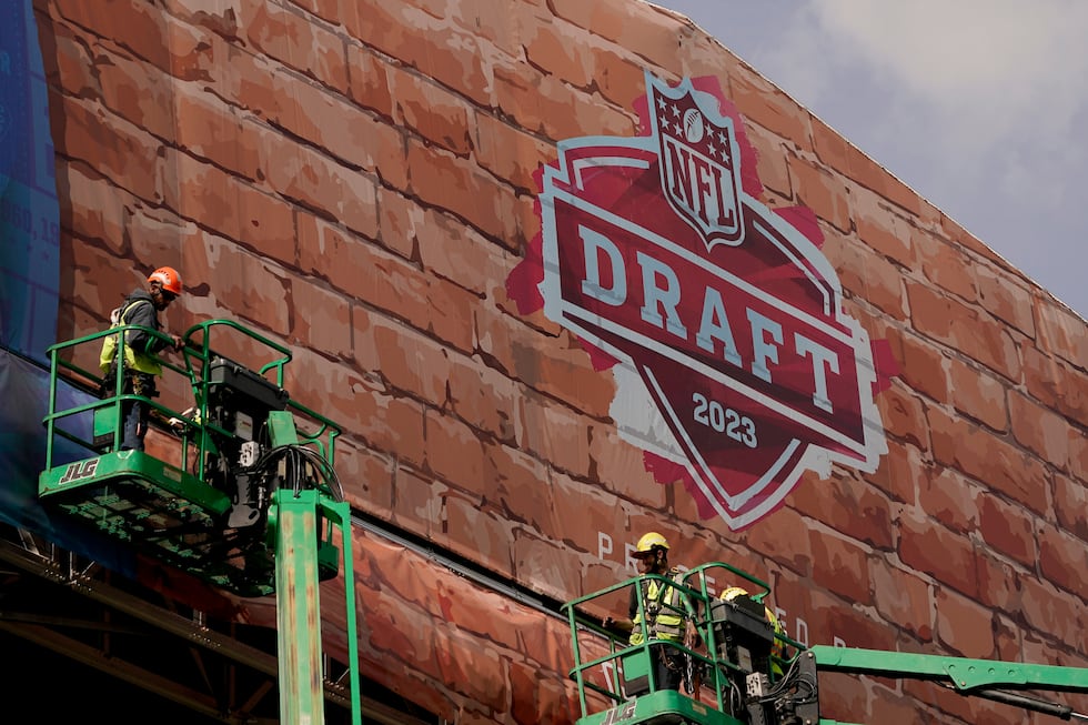 Preparations for the NFL Draft continue Tuesday, April 25, 2023, at Union Station in Kansas...