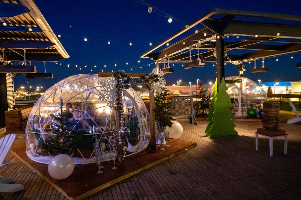 Chicken N Pickle Winter Experiences including Holiday Hideaway, Igloos, Ice Skating Rink.