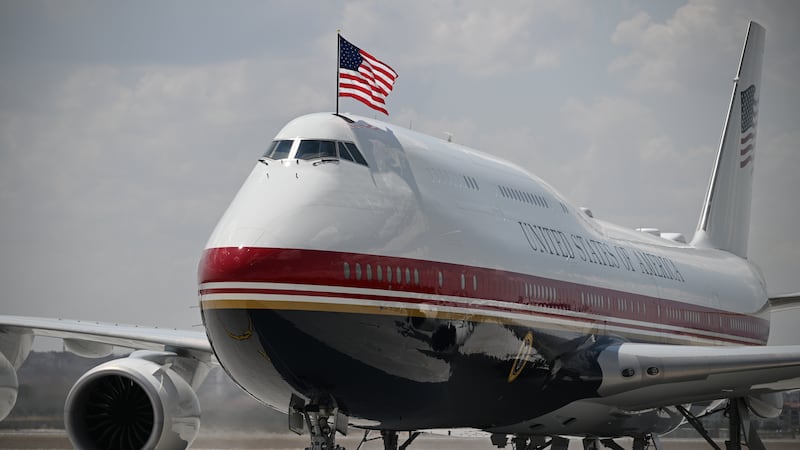Air Force One carrying President Donald Trump arrives for the NATO summit in Ankara, Turkey,...