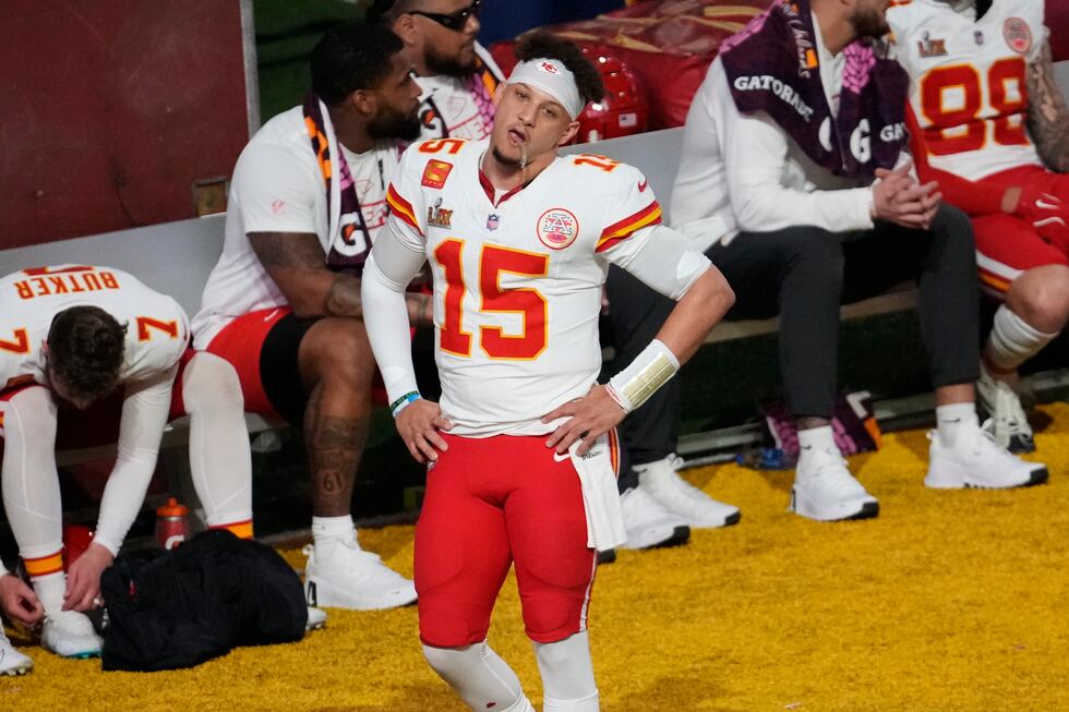 Kansas City Chiefs quarterback Patrick Mahomes (15) stands on the sidelines during the second...
