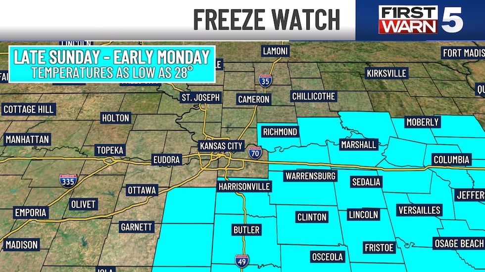 A Freeze Watch has been issued for counties southeast of KC from Sunday night through early...