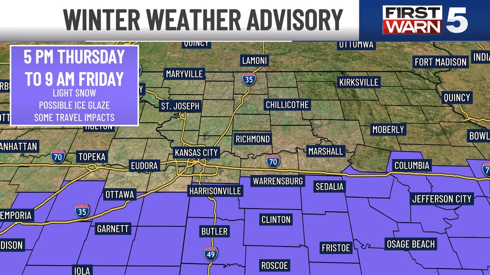 A Winter Weather Advisory will go into effect for counties south of I-70 starting at 5 PM...