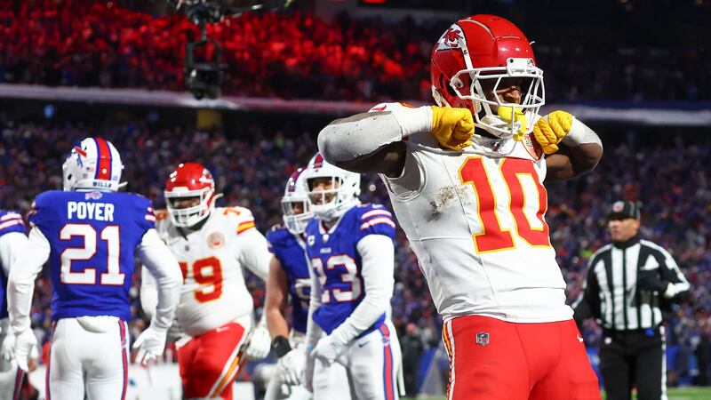 Kansas City Chiefs running back Isiah Pacheco (10) reacts after scoring a touchdown against...