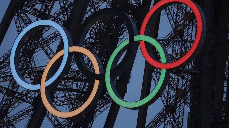 A general view of the Olympic rings displayed on the Eiffel Tower is pictured during the...