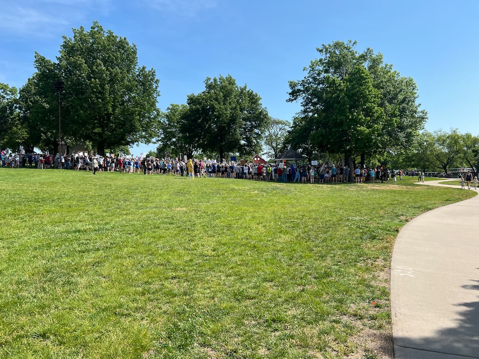 This is a photo from afar at the 'No Kings' protest at Sar-Ko-Par Trails Park in Lenexa