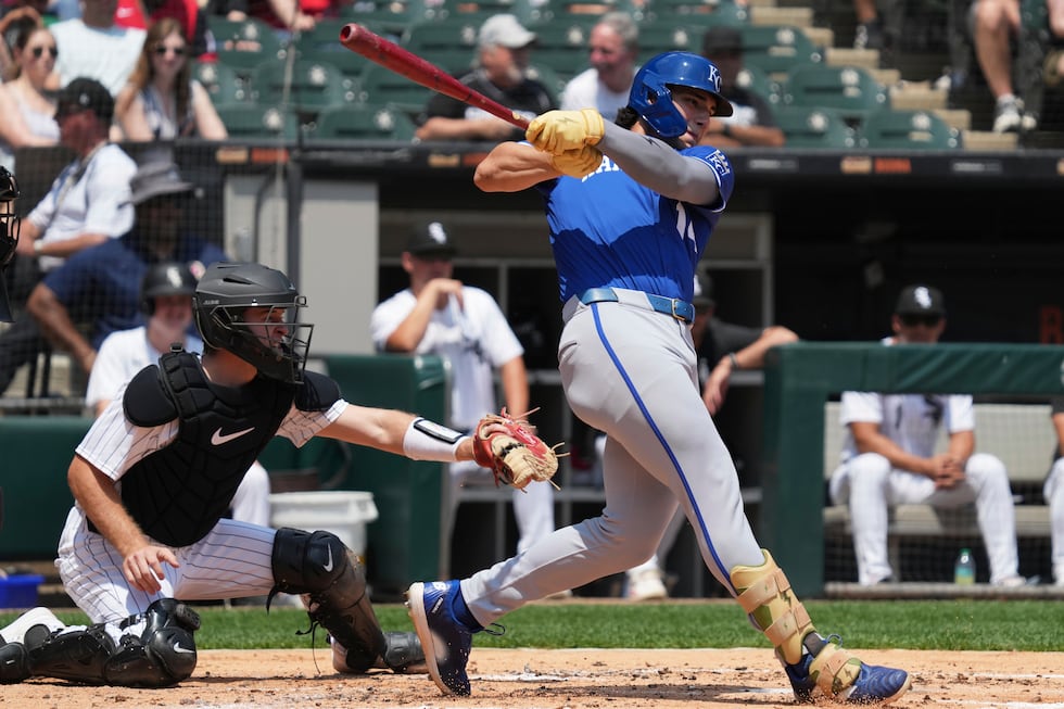 Kansas City Royals' Jac Caglianone hits a single during the second inning of a baseball game...
