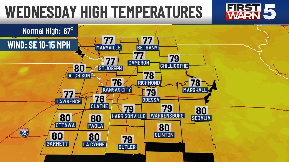 Wednesday high temperatures in Kansas City and the surrounding area.