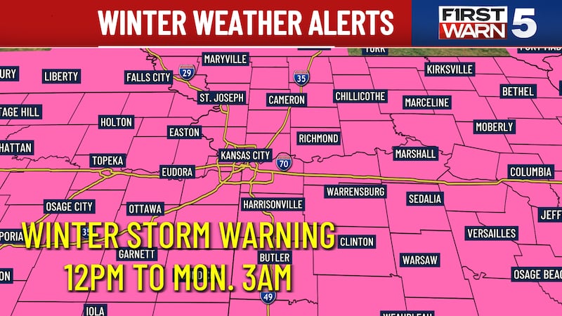 A Winter Storm Warning is in place from noon on Saturday until 3 a.m. Monday.