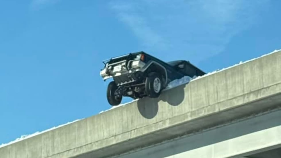 Jan.7, 2025- A photo taken from below shows the vehicle perched on the edge of the bridge.