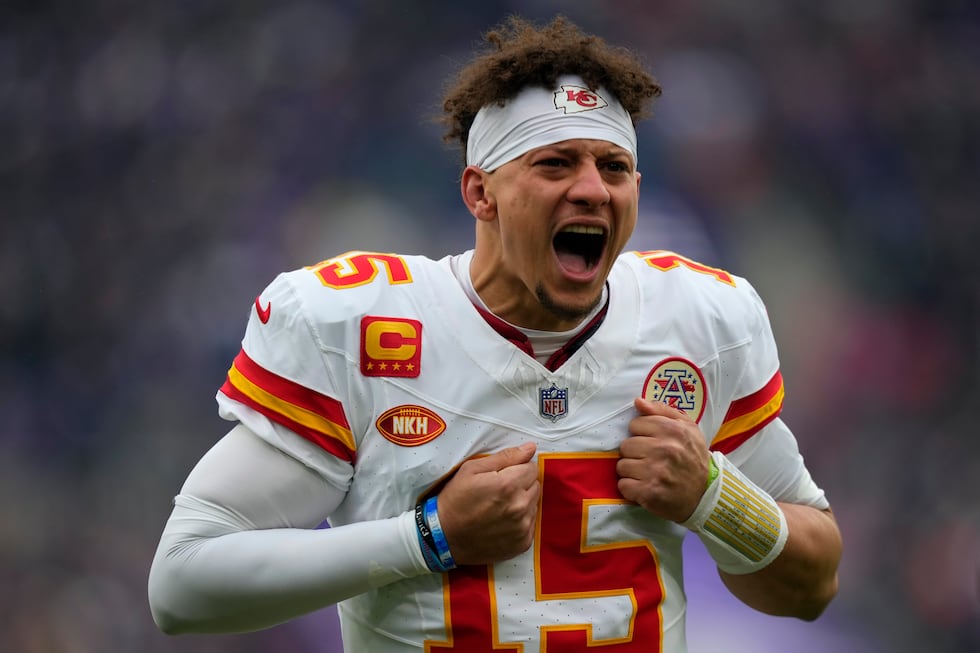 Kansas City Chiefs quarterback Patrick Mahomes (15) shouts before the AFC Championship NFL...