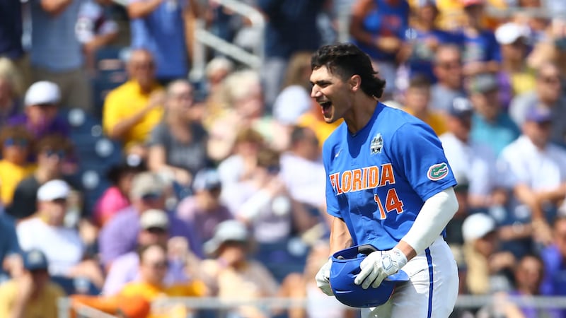 Florida's Jac Caglianone (14) celebrates his home run during the sixth inning of Game 2 of the...