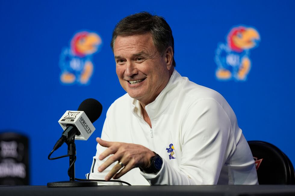 Kansas head coach Bill Self addresses the media during the NCAA college Big 12 men's...