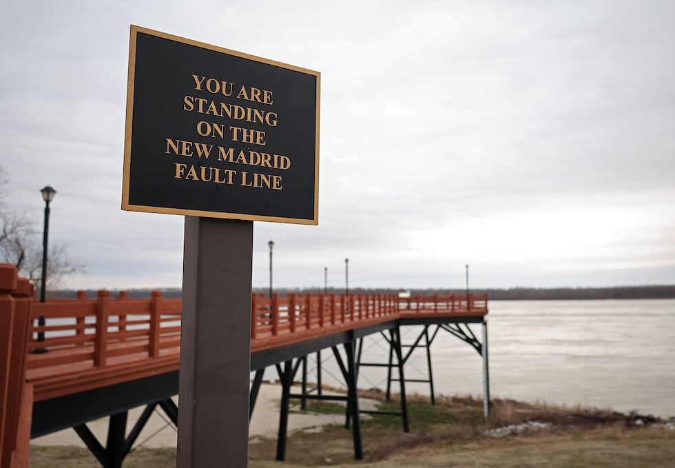 A sign marks the New Madrid fault line on Friday, Feb. 7, 2025, at a Mississippi River...