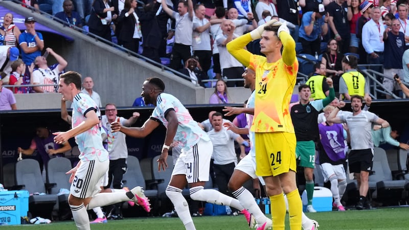 United States goalkeeper Matt Freese (24) reacts after Belgium scores their third goal during...