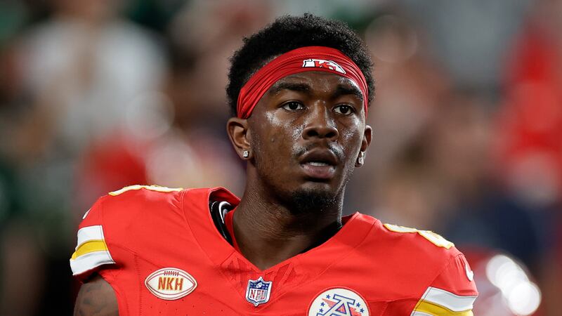 Kansas City Chiefs wide receiver Justyn Ross (8) before an NFL football game against the New...