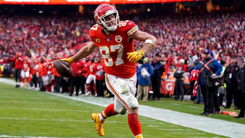 Kansas City Chiefs tight end Travis Kelce (87) celebrates his touchdown against the...