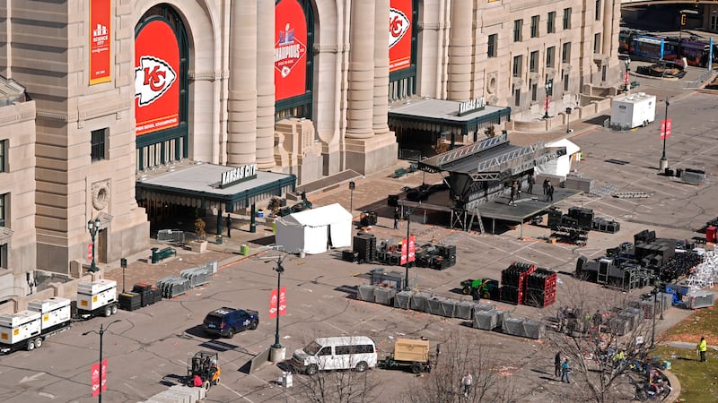 Workers dismantle the stage outside of Union Station Thursday, Feb. 15, 2024, in Kansas City,...