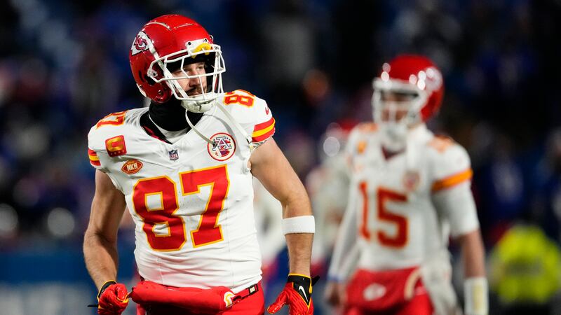 Kansas City Chiefs tight end Travis Kelce (87) warms up before playing against the Buffalo...