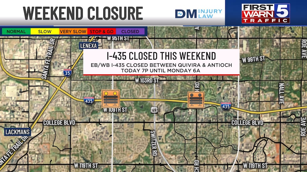 A section of I-435 near I-35 in Johnson County will be closed Friday evening.