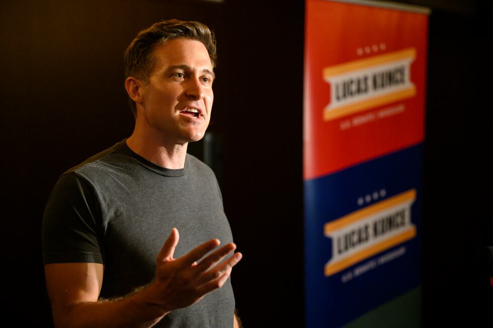 FILE - Democratic Senate hopeful Lucas Kunce speaks to the press after conceding at a primary...