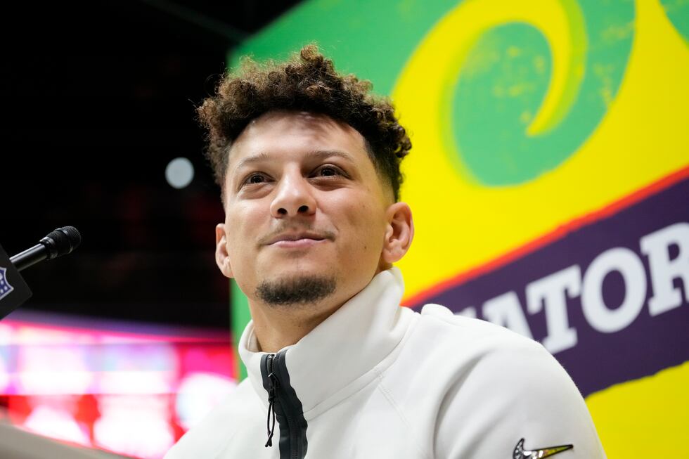 Kansas City Chiefs quarterback Patrick Mahomes (15) participates during Super Bowl 59 Opening...