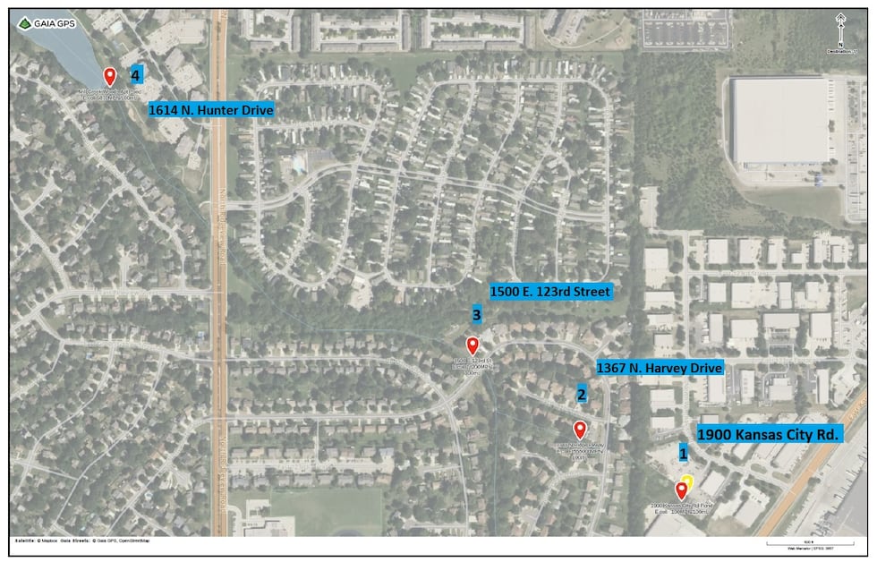 The sewer line break is affecting areas between Mill Creek Apartment Pond and 1900 Kansas City...
