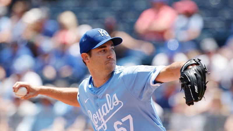 Kansas City Royals pitcher Seth Lugo delivers to a Cleveland Guardians batter during the first...