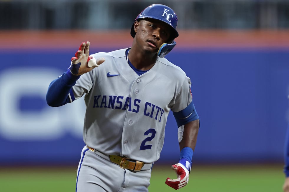 Kansas City Royals' Tyler Tolbert reacts after hitting a two-run home run during the second...