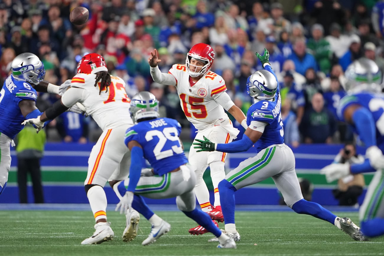 Kansas City Chiefs quarterback Patrick Mahomes (15) passes during the second half of an NFL football game against the Seattle Seahawks in Seattle, Sunday, Oct. 25, 2026