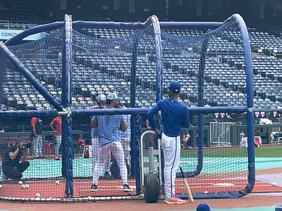 MJ Melendez takes batting practice at Kauffman Stadium before a Royals game.